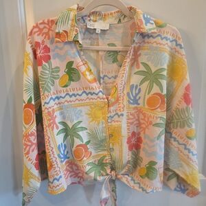 C&C CALIFORNIA Summer‎ Tropical Linen Blend Dolman Sleeve Boxy Crop Top Size Med